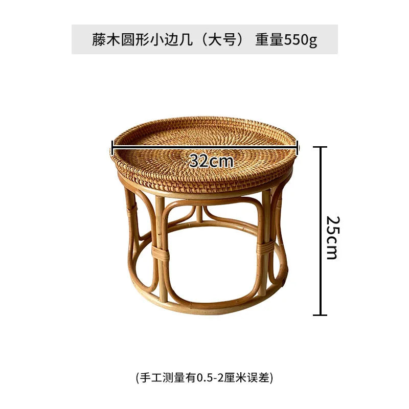 Handwoven Rattan Balcony Side Table Vintage Sofa Coffee Table  Durable Dessert and Snack Stand Japanese  Bedroom Organizer