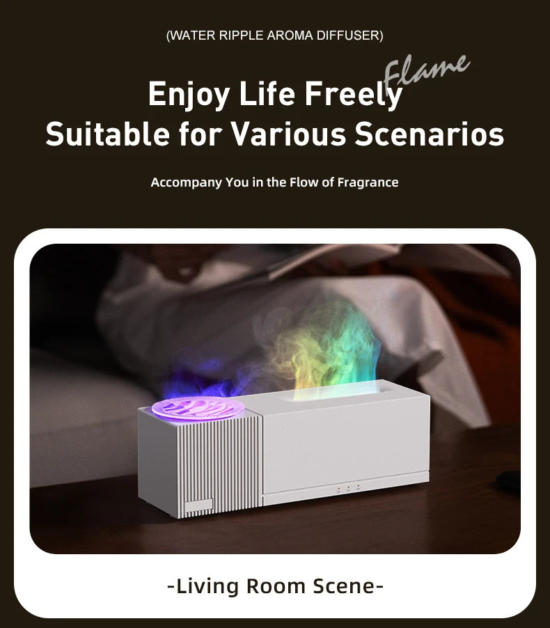 7 Colors Flame Aroma Diffuser with Rippling Water Wave Projector Lamp, 150ml USB Desktop Aromatherapy Air Humidifier for Home