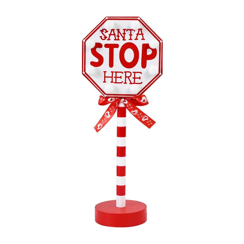 Christmas Retro Lamp LED Light Santa Stop Here Street Sign Xmas Wooden Desktop Home Decoration Navidad 2025 New Year Kids Gift