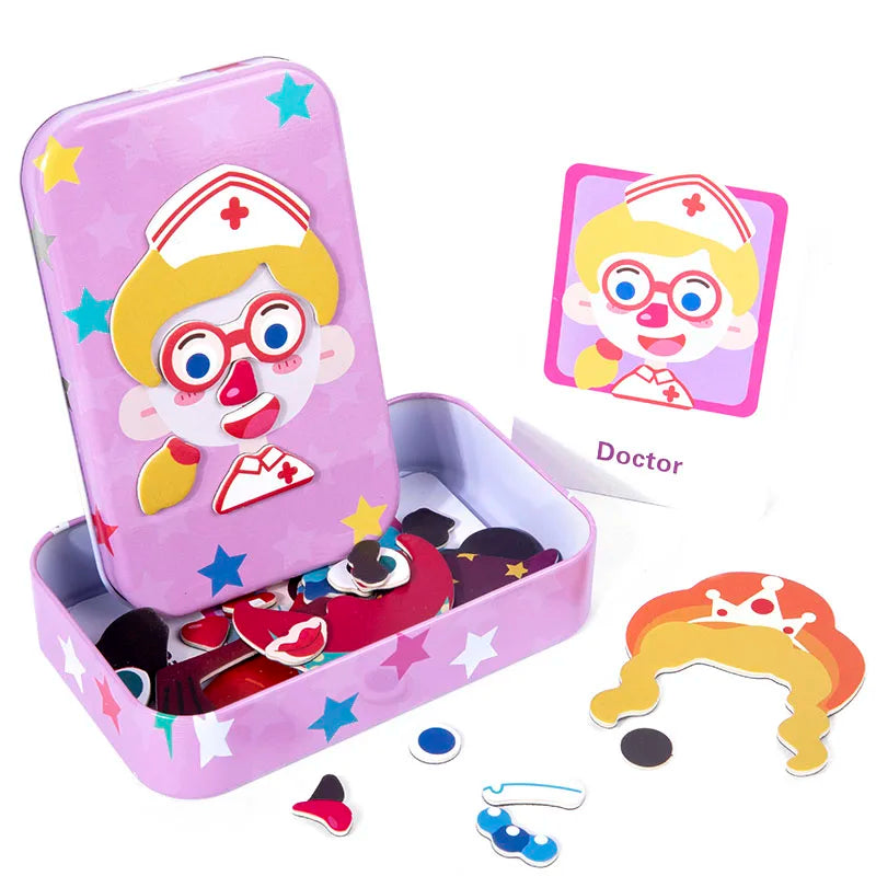 Magnetic 3D Puzzle Children Dress Up Change Facial Expression Game Iron Box Jigsaw Early Education Imagination Toys Girls Gifts