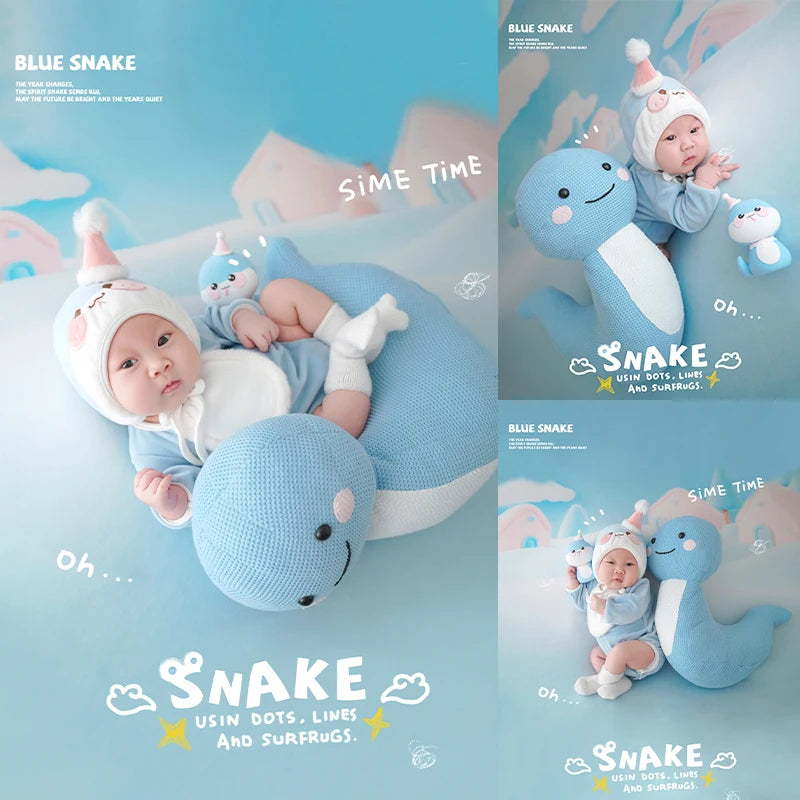 Baby Photography Clothes Cartoon Knitted Jumpsuit With Tail+Hat+Dolls 4pc/Set Newborn Costume Cute Snake Toy Pillow Accessories