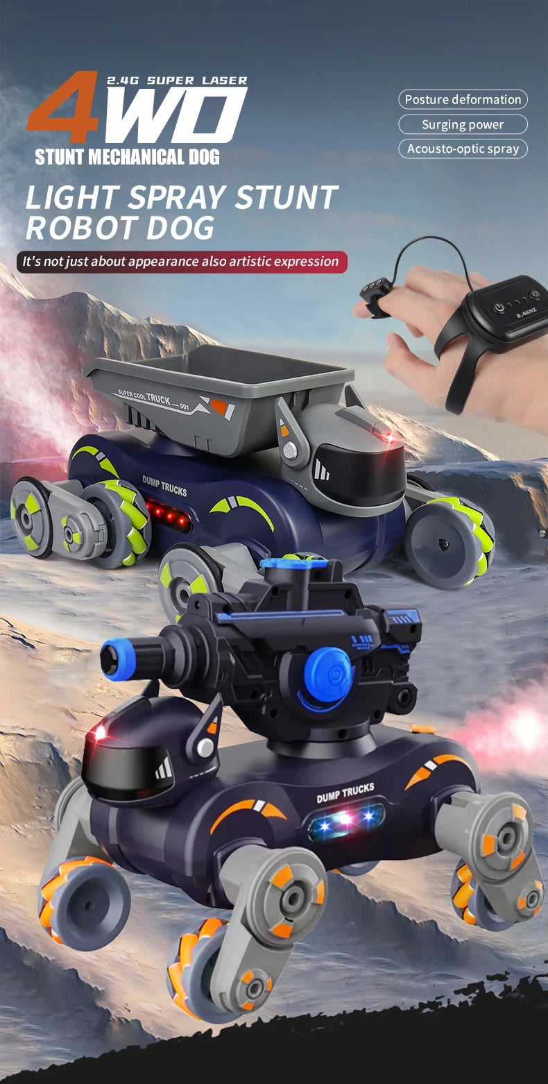Rc Stunt Car 8-Wheel Mechanical Robot Dog with Lights Spray for Kids Remote Gesture Sensing Control Electronic Pet Toy Car