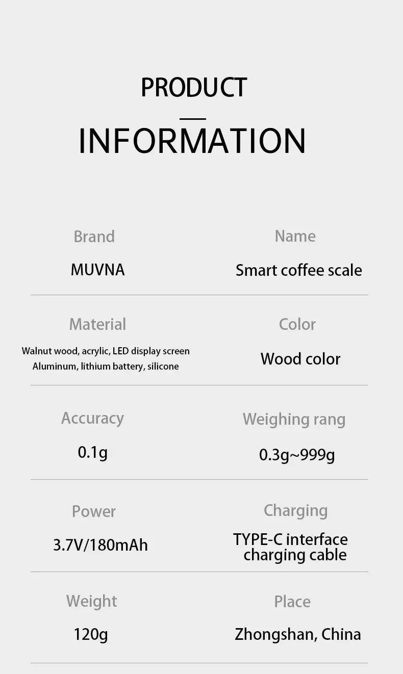 MUVNA Coffee Bean Weigher, espresso weighing display tray, Walnut hand brewing electronic scale / accurate to 0.1g Professional