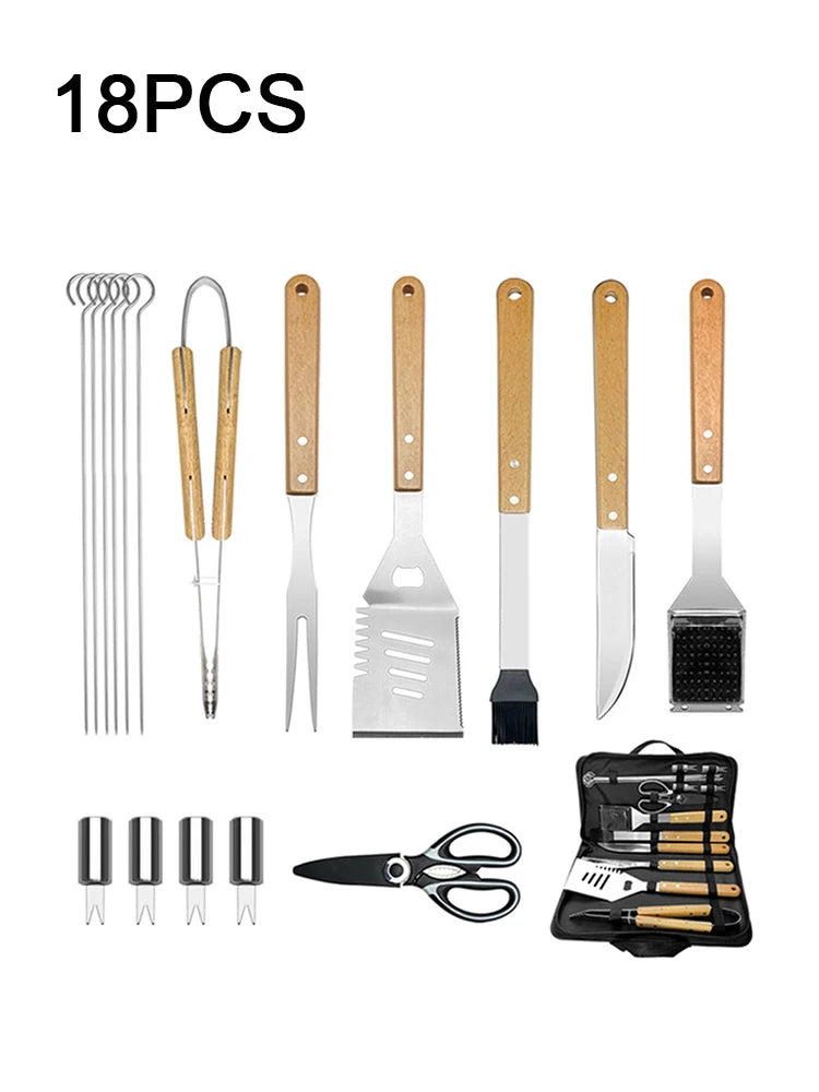Outdoor camping barbecue tool combination wooden handle fork shovel clip BBQ accessories cloth bag stainless steel grill set