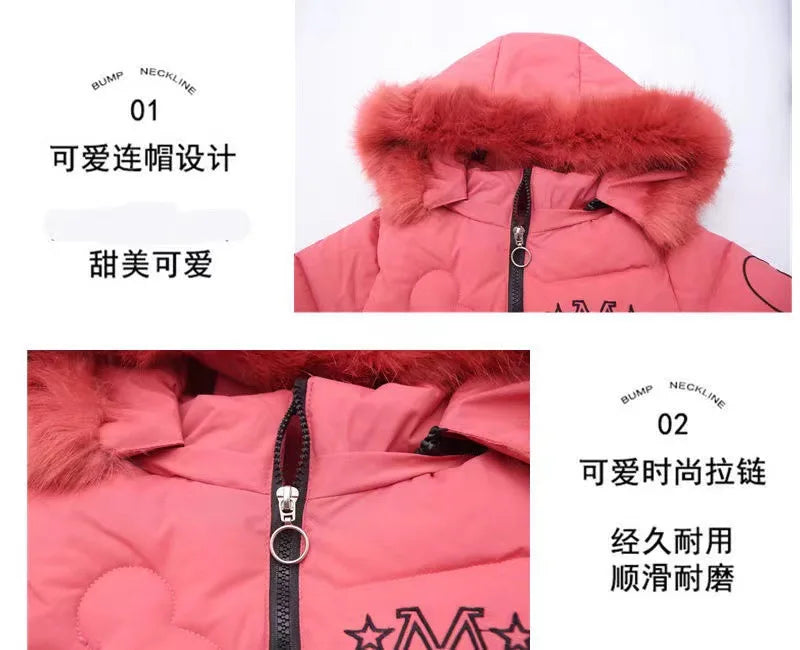 5-14 Years Old Winter Boys Girls Jacket Long Style Hooded Fur Collar Colorful Heavy Coat For Kids Children Outerwear
