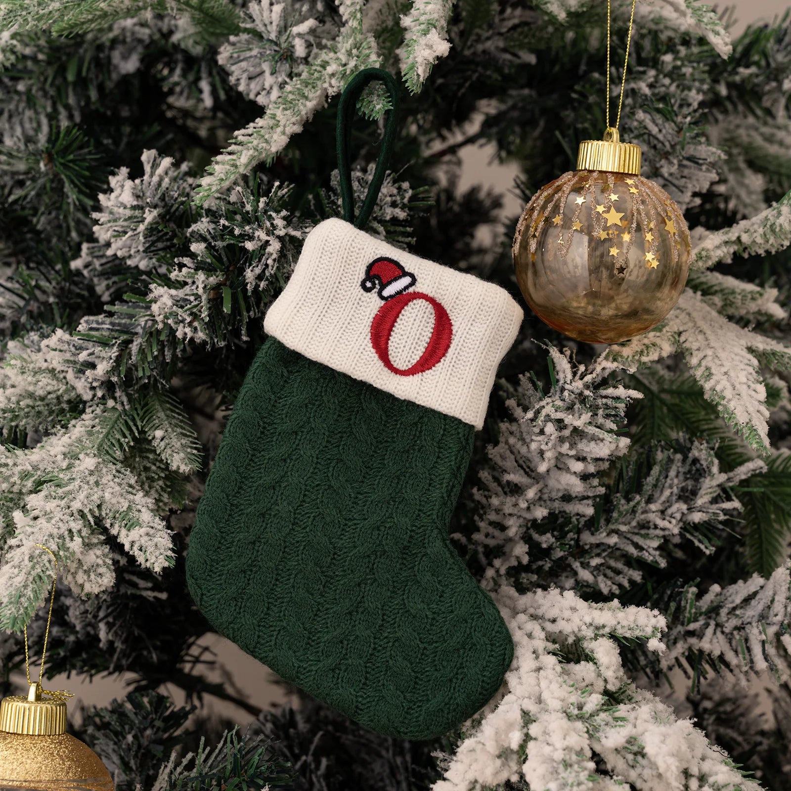 Green A-Z Letter Hanging Christmas Stockings Monogram Knitted Socks Fireplace Christmas Tree Hanging Party Decoration