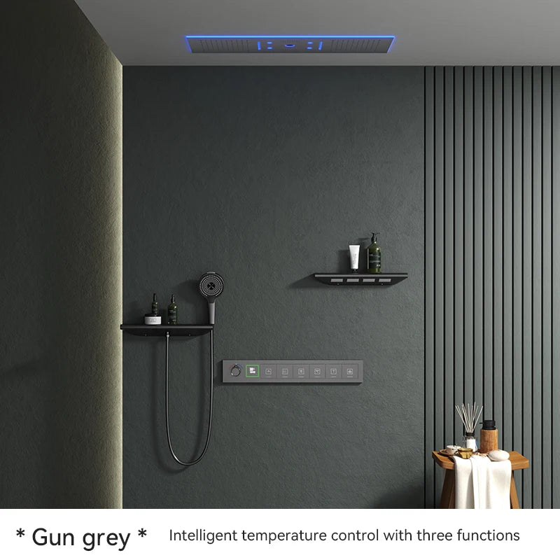 Luxury Ceiling Shower System Set Concealed Thermostatic Brass Digital Display Hydro Generator Rainfall  with Light and Bluetooth