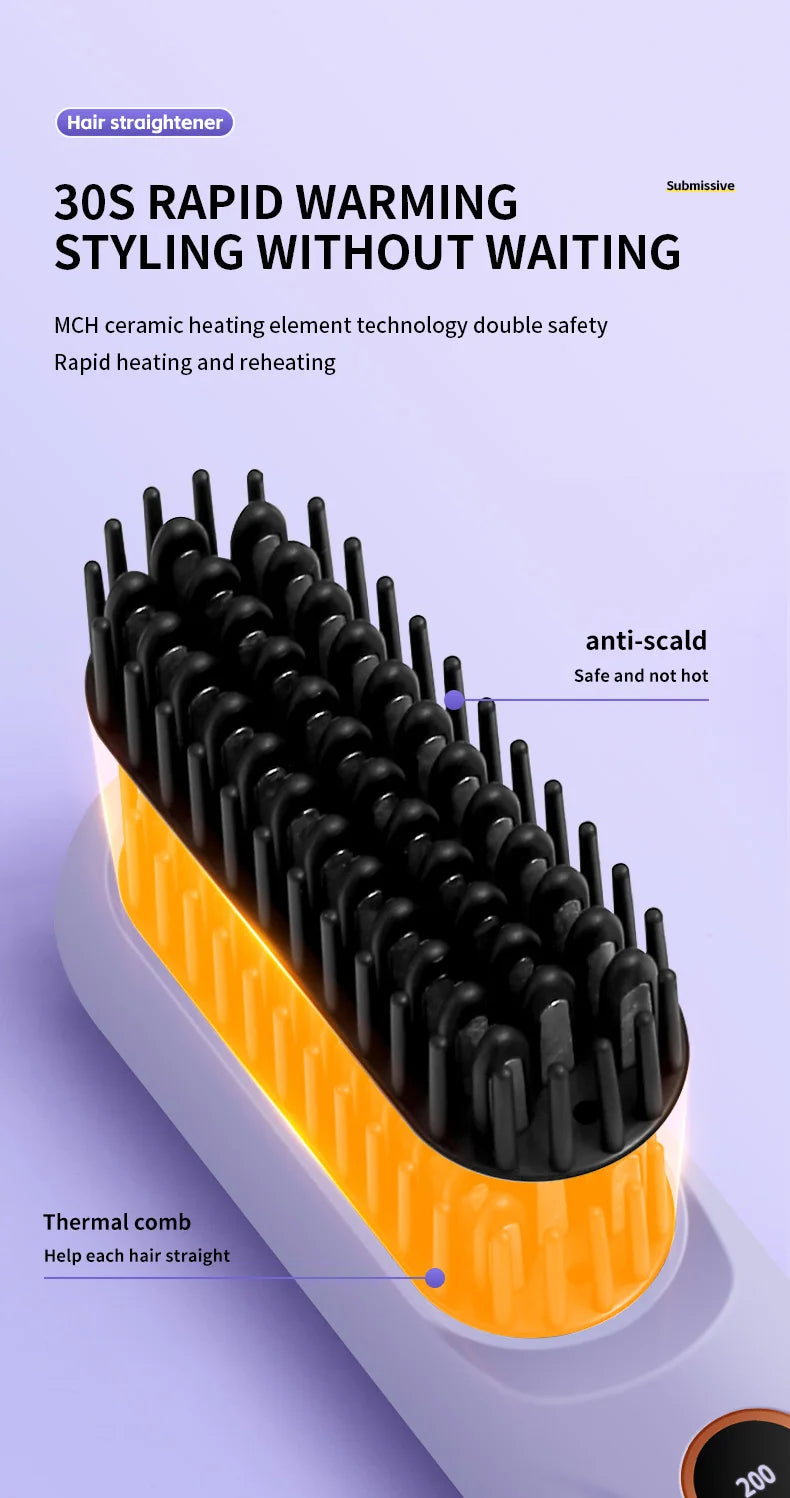 Electric Heating Straight Hair Comb LCD Screen USB Wireless Portable Negative Ion Styling Tool Rechargeable Straightening Brush