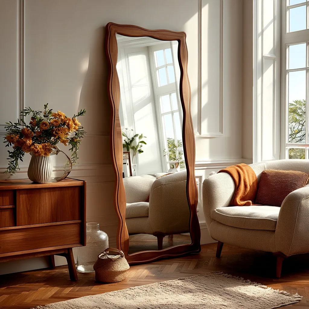 Vintage Style Solid Wood Tempered Mirror Full Length Floor Mirror for Home Living Room Bedroom Women's Dressing