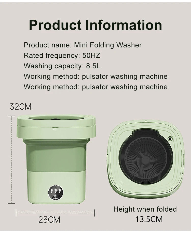 Folding Portable Washing Machine 8.5L Large Capacity Clothes Spin Dryer Bucket Travel Underwear Socks Ultrasonic Mini Washer