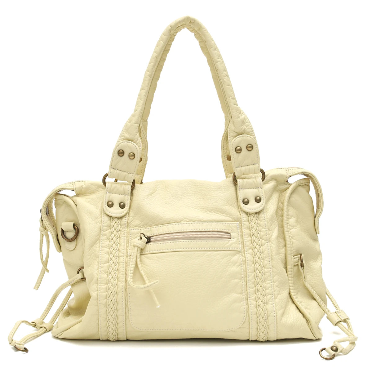 Vintage Washed PU Leather Large Capacity Tote Zip Pockets Braid Decor Shoulder Cross body Bag Unisex Women Daily Travel Handbag