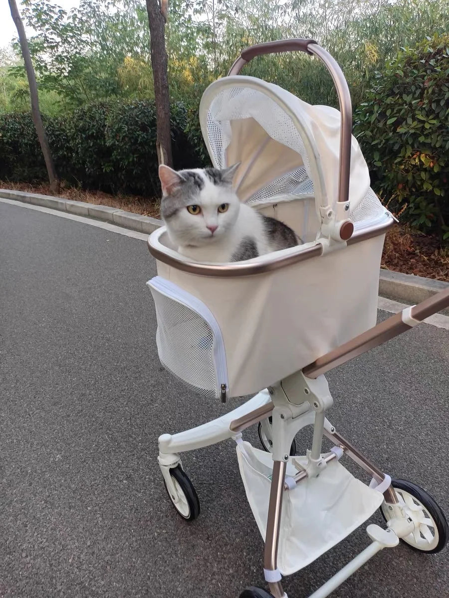 Foldable Strollers For Dogs Cats Milk White PU High Landscape Pet Stroller Outdoor Travel Pet Trolley Bearing Weight 15 KG