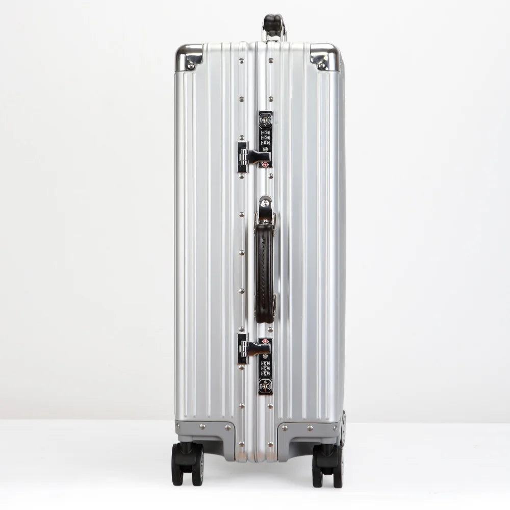 Top Quality Aluminum-Magnesium Alloy Vintage Suitcase, 20/24/26/29 Inch Lightweight Travel Trolley Luggage With Leather Handle