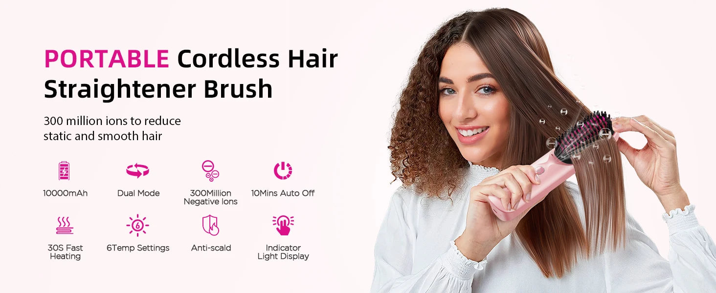 Cordless Hair Straightener Brush 10,000mAh Portable 300M Negative Ions for Frizz-Free Shine Fast Heating, Gift for Women