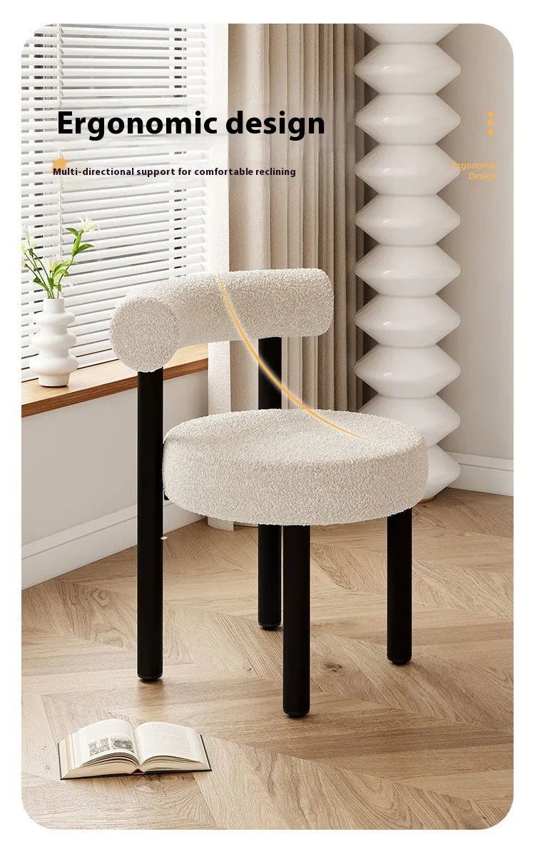 Cloud Vanity Stool Plush Lambwool Round Silhouette, Bedroom Makeup Chair with Designer Cloud Aesthetic Ergonomic Lumbar Support