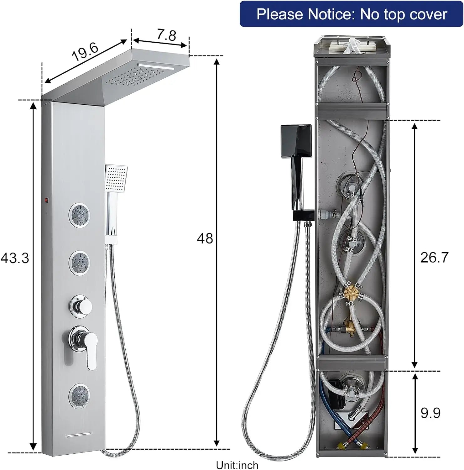 KEMAIDI LED Shower Panel Tower System with Rainfall Waterfall Shower Black Shower Panels with Jets and Rainfall and Handheld