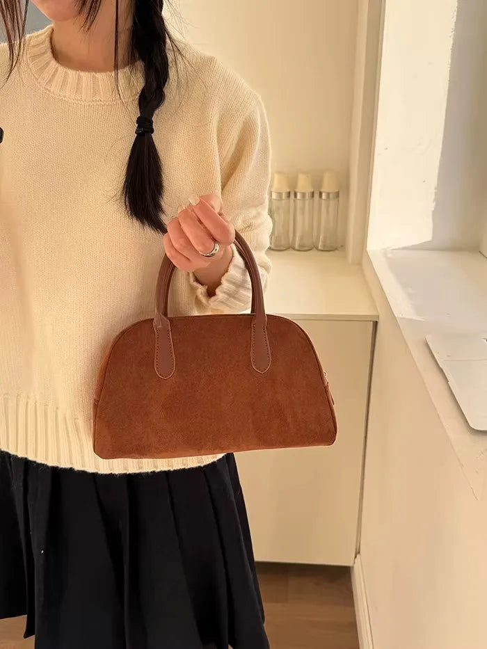 Brown Vintage Suede Tote Bag High Quality Designer Luxury Boston Handbag 2025 Winter New in Women's Bags Korean Hand Bag Ladies