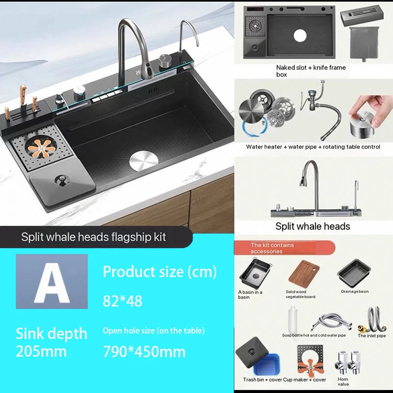 Stainless Steel Kitchen Sink with Faucet Digital Display Large Single Bowl Waterfall Rain 5 Functions System Dish Basin Sink