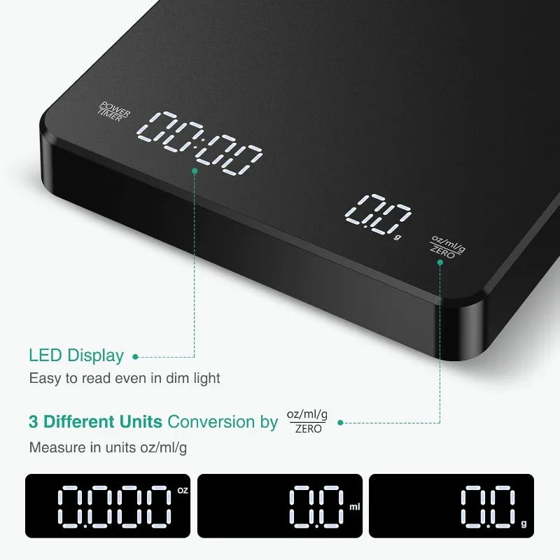 Digital Rechargeable Coffee Scale with Timer 3kg Max 0.1g Precision LED Screen USB Espresso Kitchen Scale for Brewing