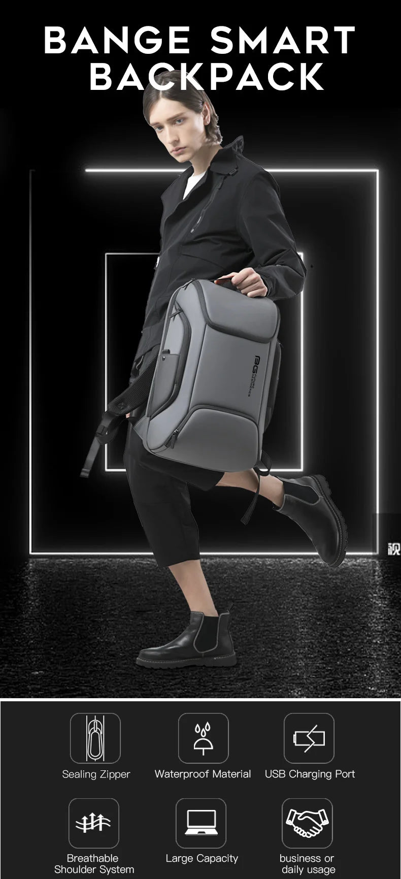 BANGE Business USB Charging Smart Backpacks Fits 15.6 Inch Laptop Commute Backpack WaterProof Carry On Bag for Men Travel Bags