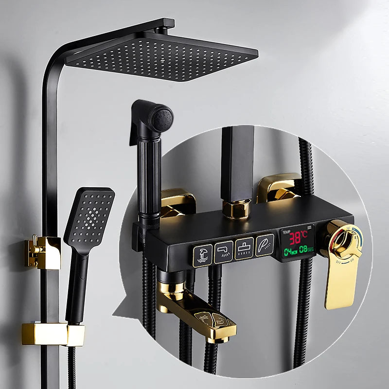 Thermostatic Digital Bathroom Shower Set Rainfall Shower Head Brass Bathroom Faucet Accessories Hot Cold Digital Shower System