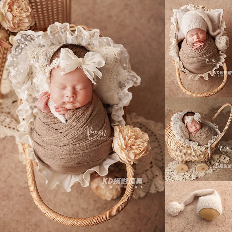 0-1month Newborn Photography Props Baby Girl Boy Cradle Prop Knitted Pompom Hat Posing Pillows Infants Studio Shooting Accessori
