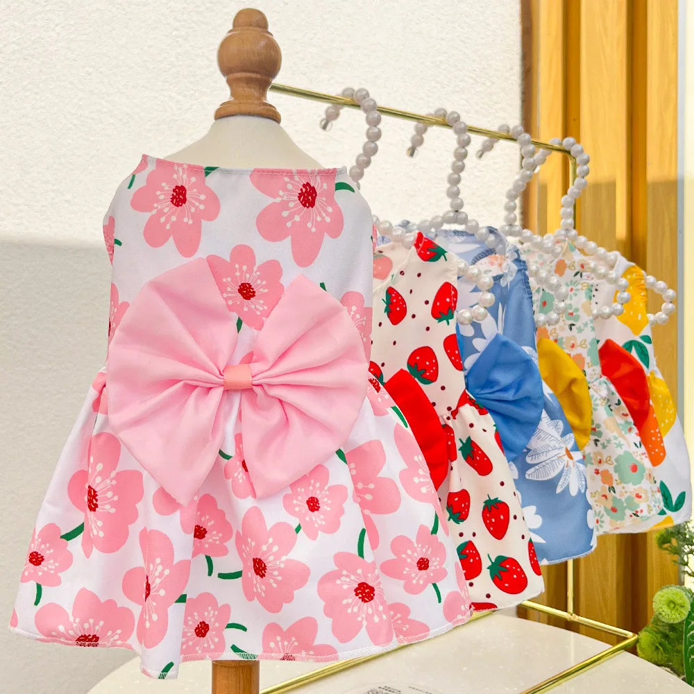 Dog Princess Dress Summer Kitten Pet Skirt Cute Printed Bow Lace Dog Dresses for Small Medium Puppies Poodle Chihuahua Apparel
