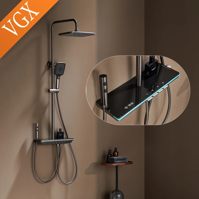 VGX Thermostatic Shower System Intelligent Digital Bathroom Shower Faucet Set Temperature Display Rainlfall Bathroom Shower Set