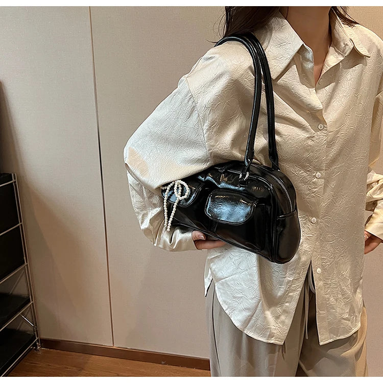 Solid Sewing Thread Fashion Glossy PU Shoulder Bags Baguette Versatile Hand Bags 2025 Hot Sale Bags for Women Bolsas Femininas