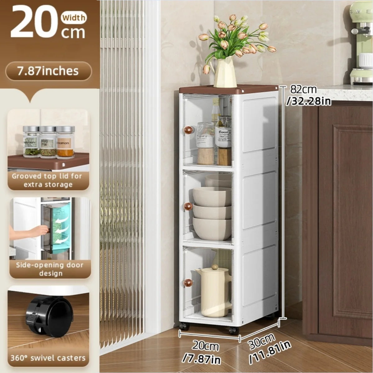 The transparent storage cabinet with wheels in the gap saves space in the kitchen and living room for storing snacks