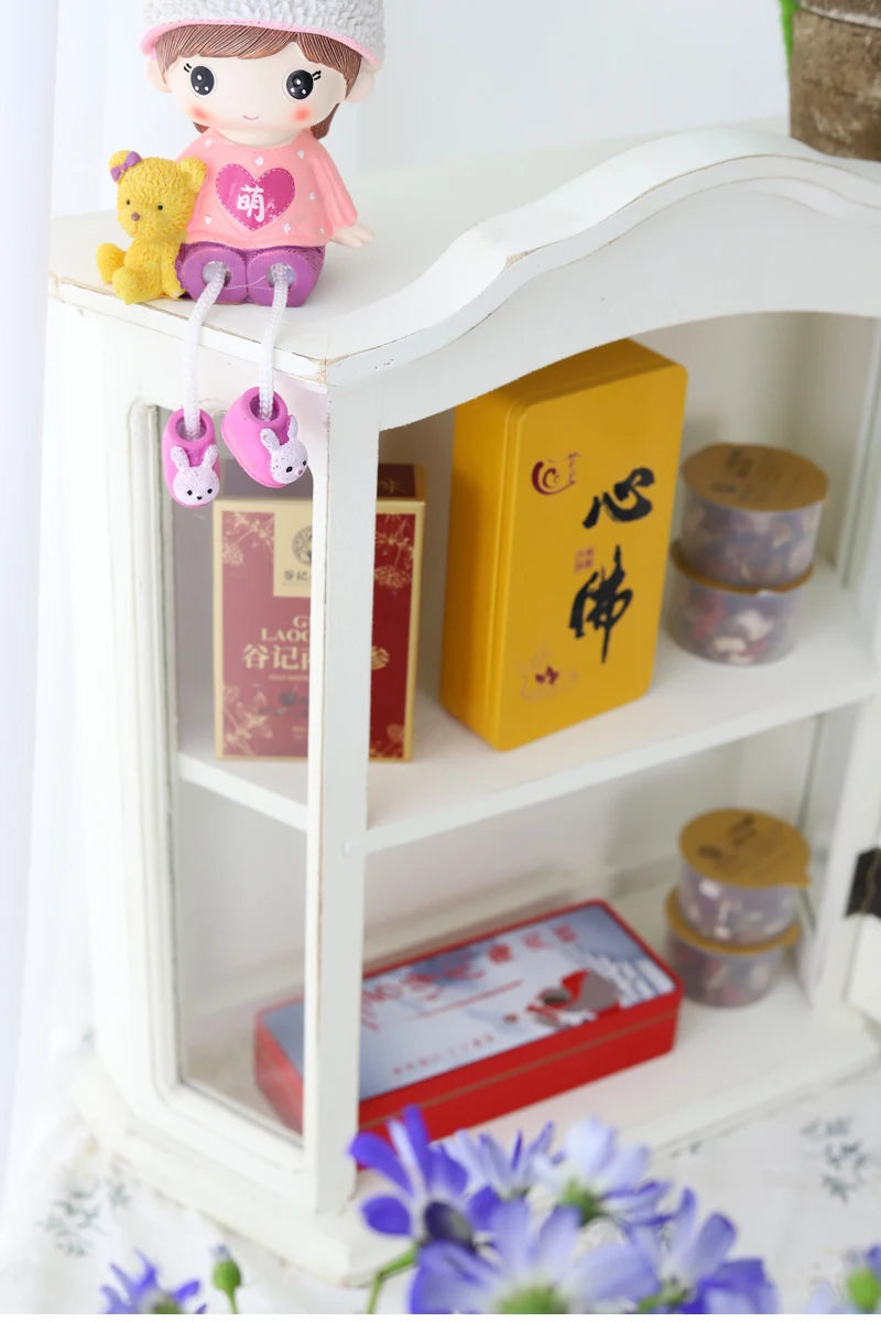 ‌Rustic Farmhouse Display Cabinet with Glass Doors Distressed White Solid Wood Storage Organizer for Kitchen/Office Vintage