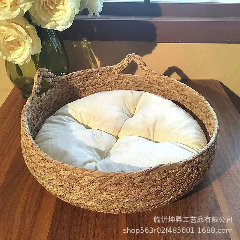 Rattan Weaving Cat Basket Bed With Soft Cushion Round Donut Design Cozy Warm Comfortable Sleeping Nest For Cats And Dogs