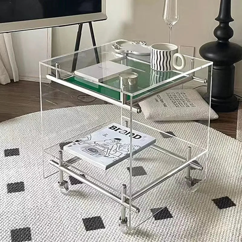 Acrylic Side Table Transparent Trolley Style Living Room Coffee Table Storage Cabinet Mobile Bedside Table Minimalist