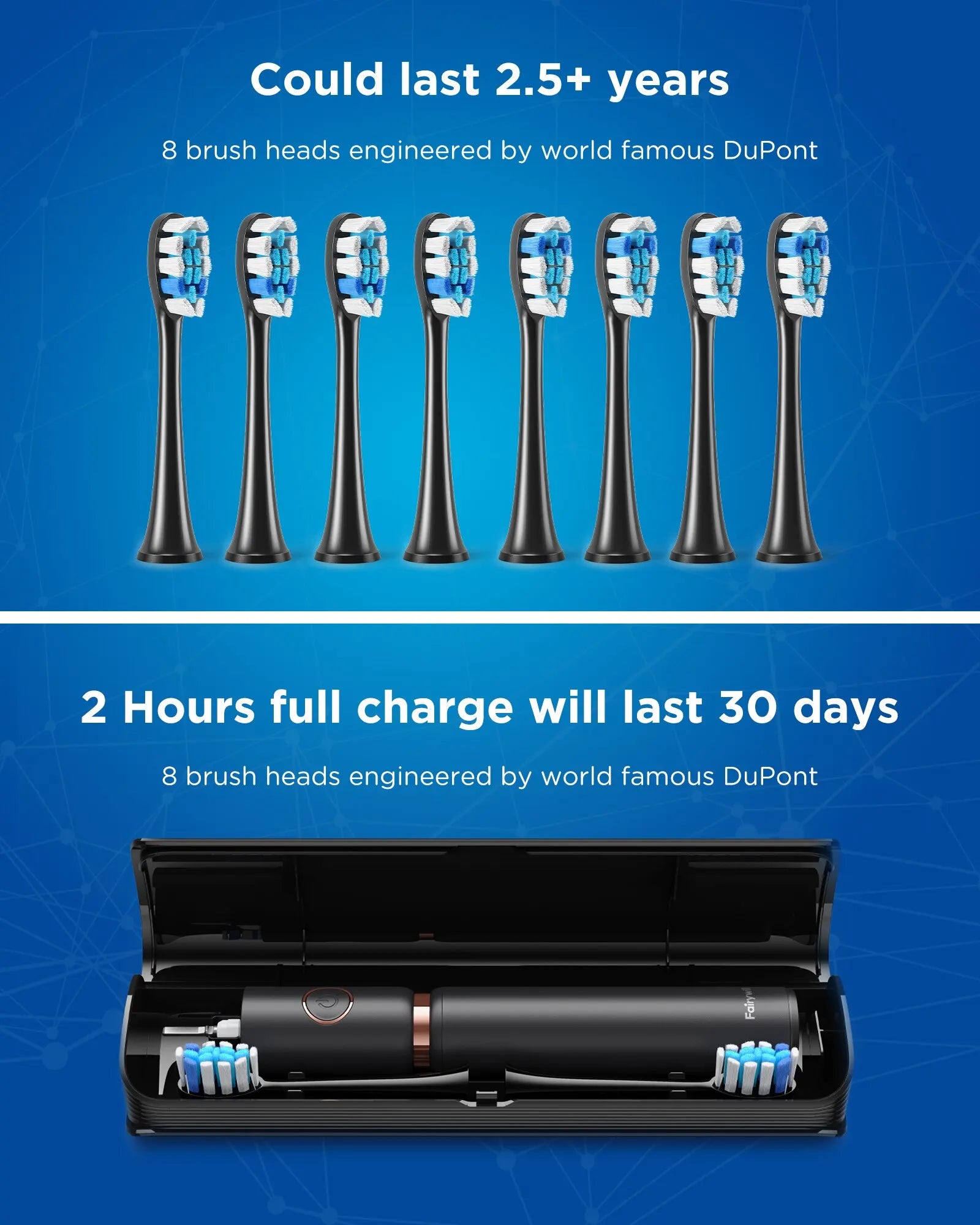 Fairywill P11 Sonic Whitening Electric Toothbrush Rechargeable USB Charger Ultra Powerful Waterproof 8 Heads and 1 Travel Case