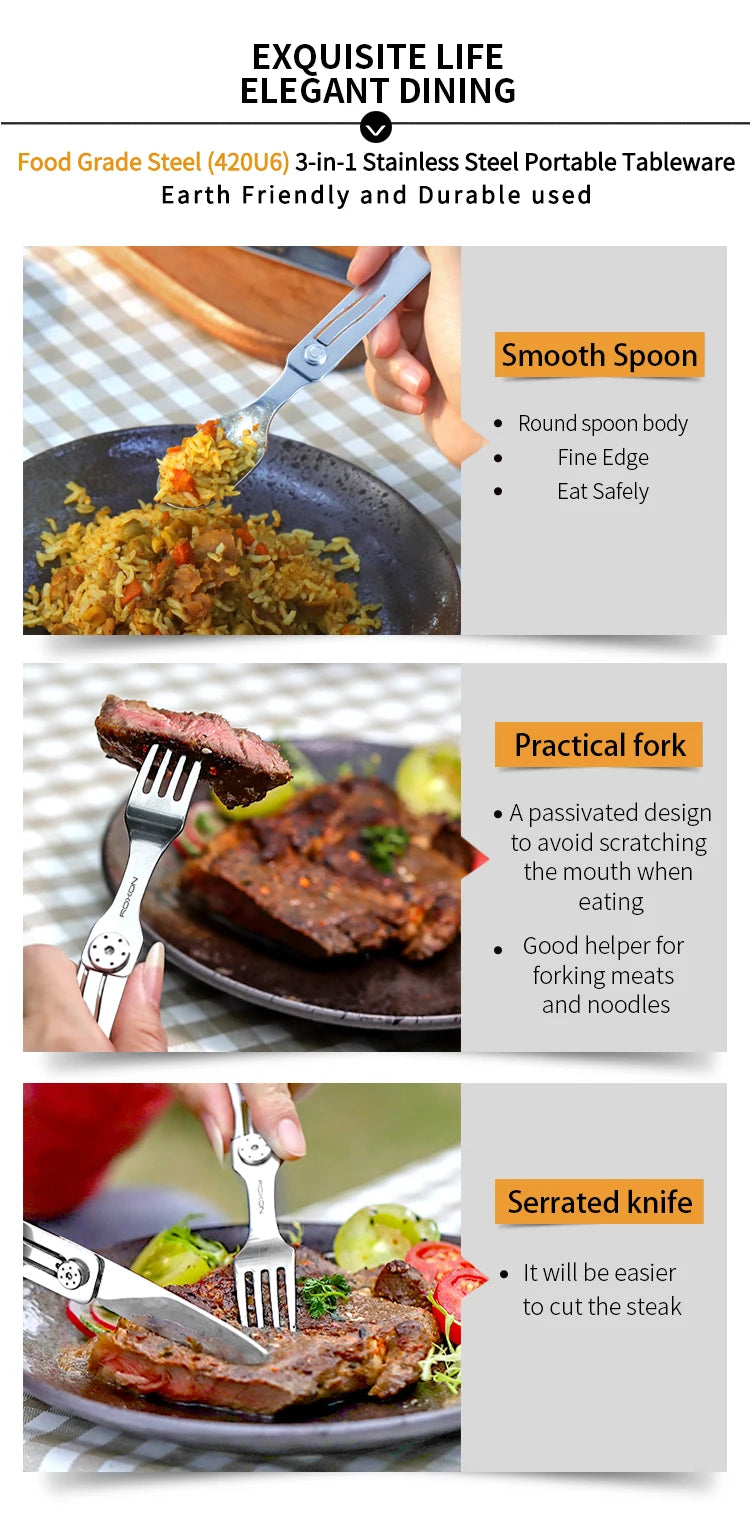 ROXON 3 IN 1 Camping Cutlery Set Knife Fork Spoon Stainless Steel Portable and Detachable