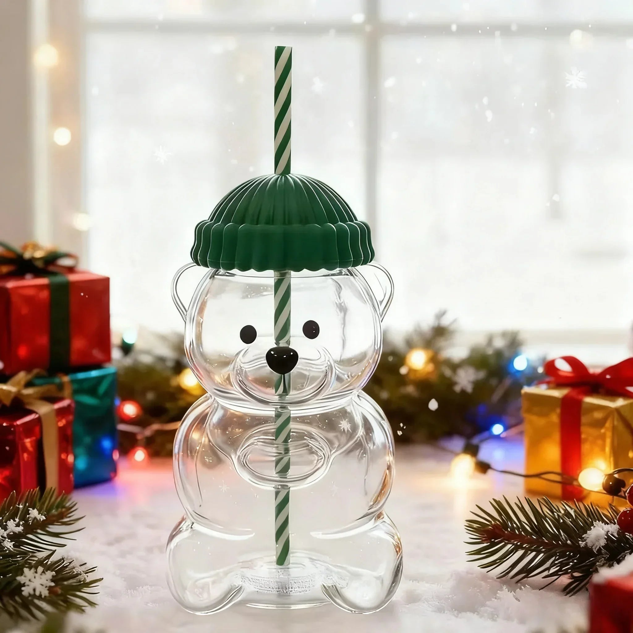 New Bear Straw Glass Cup Perfect for Juices,Milk Tea,Smoothies Water,Drinkware cup for Home, Bar & Office, Christmas Gift Idea
