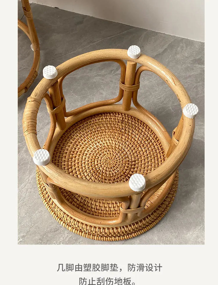 Handwoven Rattan Balcony Side Table Vintage Sofa Coffee Table  Durable Dessert and Snack Stand Japanese  Bedroom Organizer