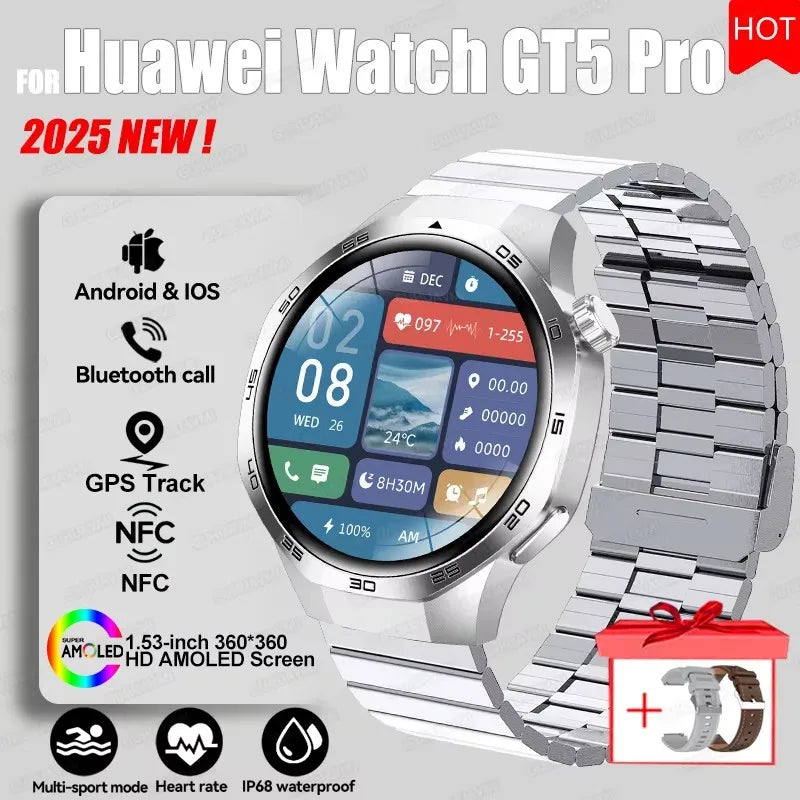 2025 New GT5 Pro GPS Track Compass Smart Watch Men 360*360 AMOLED Screen NFC BT Call Waterproof Health Monitor Man Smartwatches