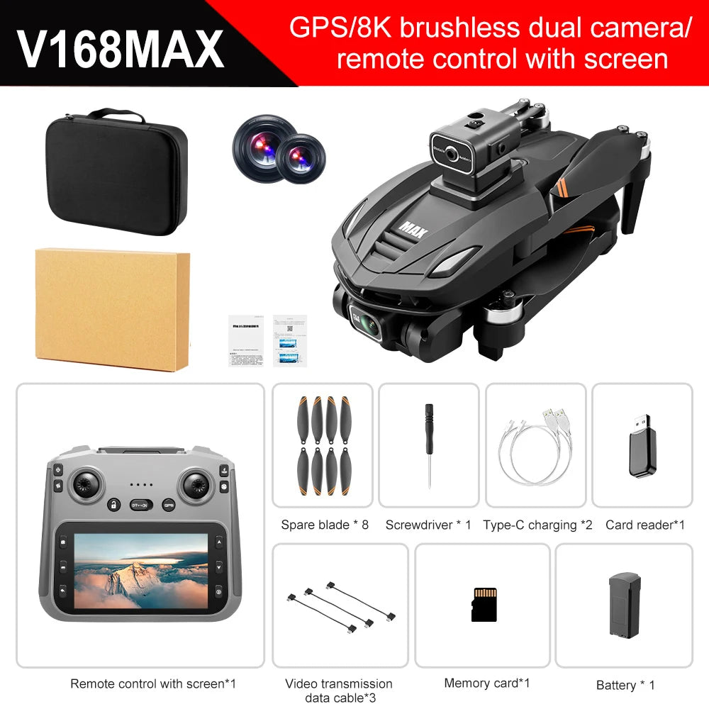 V168 PRO Max GPS Drone 8K Professional HD Dual Camera Omnidirectional Screen 360° Obstacle Avoidance FPV Dron Rc Quadcopter Toys