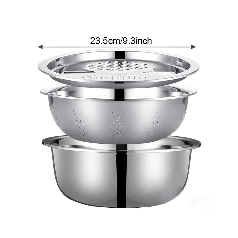 3pcs Stainless Steel Kitchen Set w/Grinder, Filter & Bowl. Safe, Multi-use for Fruits, Veggies, Cheese.Perfect for Home Cooking!