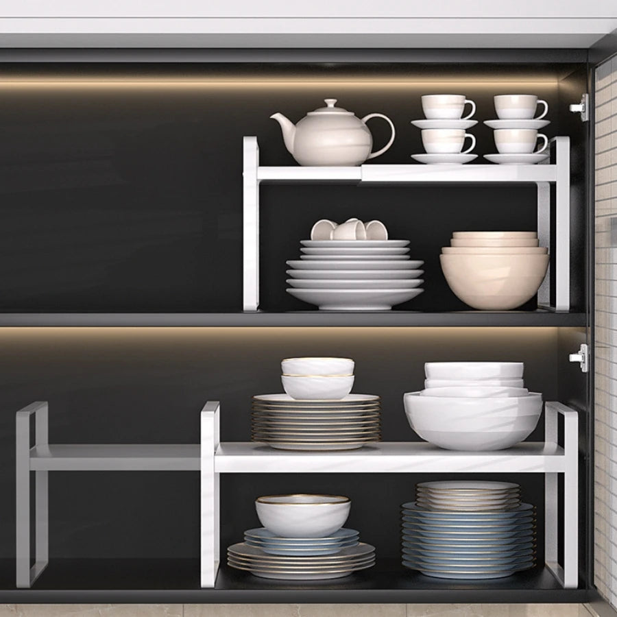 Kitchen cabinet multi-level shelf storage rack, seasoning storage rack, expandable home storage space, heavy-duty metal white