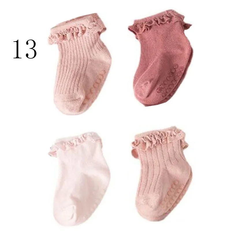 4Pair/lot new baby children's non-slip autumn winter cotton socks solid color baby foot socks