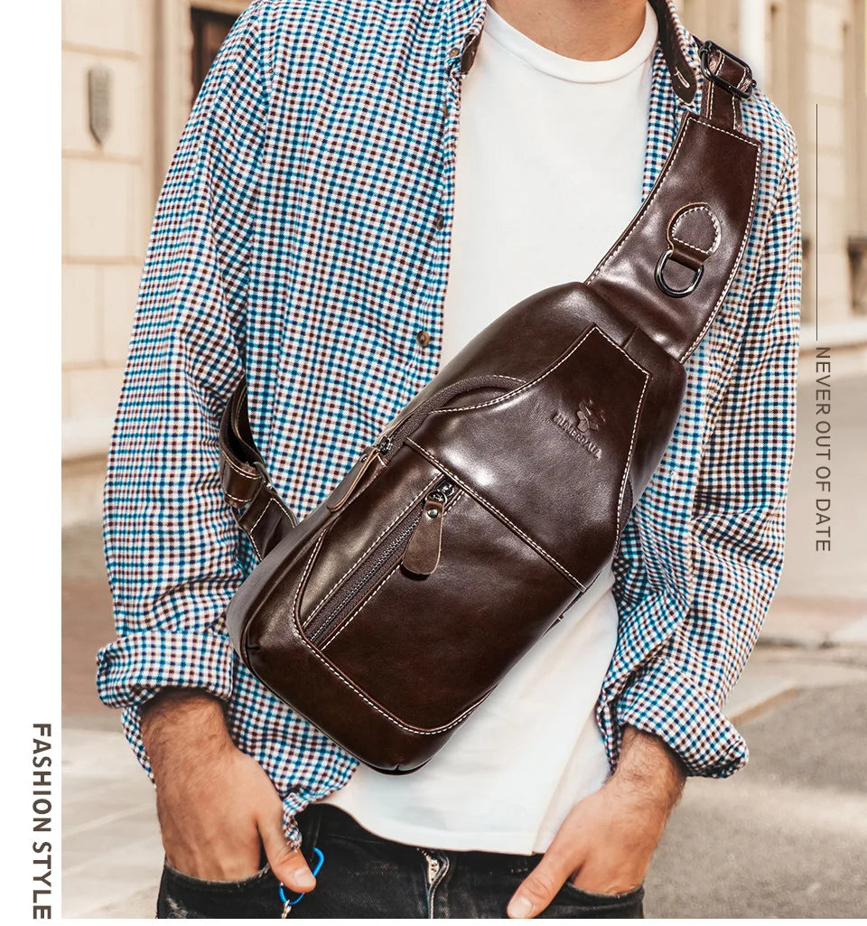 HUMERPAUL New Men's Chest Bag Crossbody Pack Genuine Leather Large Capacity Casual Messenger Bag Retro Men Handbag Shoulder Bag