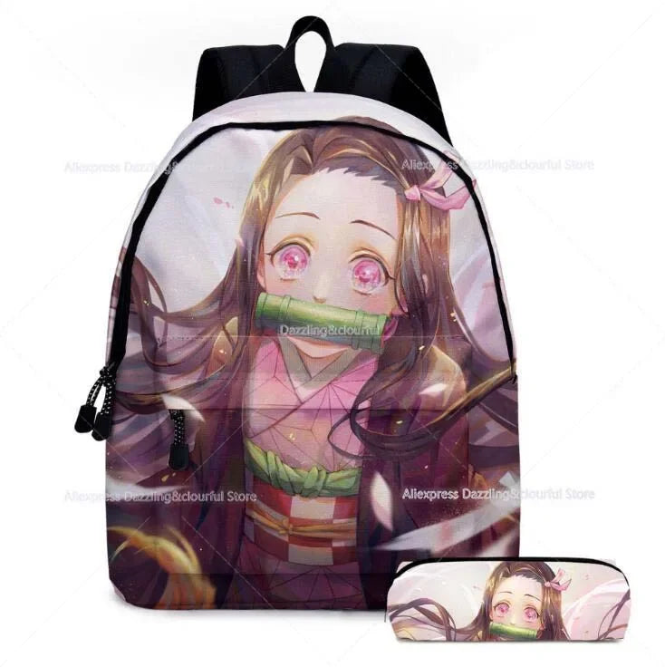 Demon Slayer Nezuko Backpacks 2pcs Girls School Bags Kimetsu No Yaiba Kids Anime Bagpacks Female Male Bookbag Gifts
