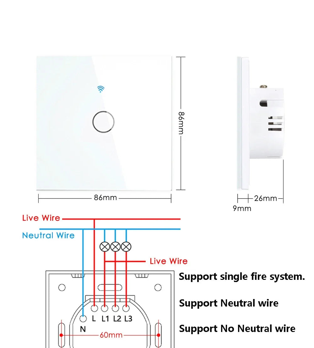 EU/US Smart Switch Alexa RF433 No Neutral Tuya Control Works With Google 1/2/3 Gang Smart Life Home Light WiFi Touch Switches