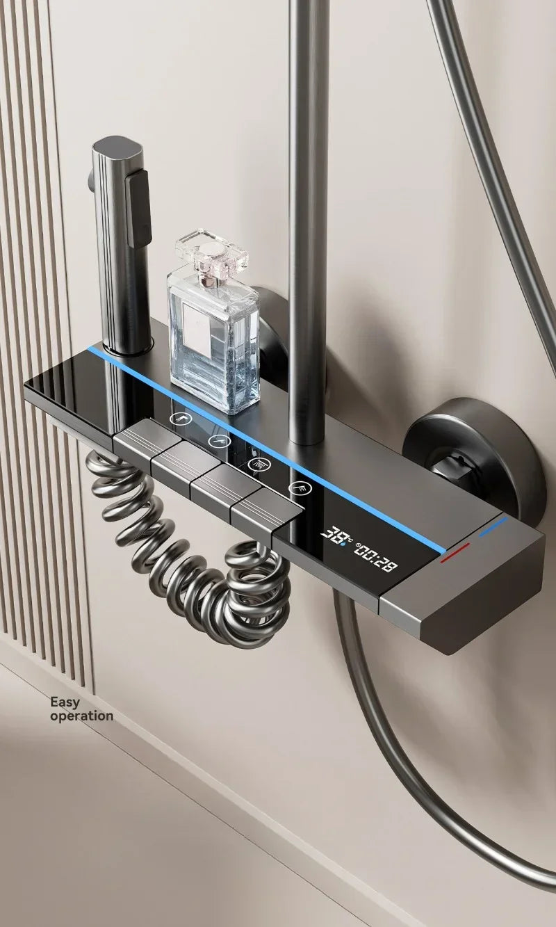 Grey Intelligent Digital Shower System Wall Mounted Bathroom Shower Faucet Set Temperature Display Rainfall Bathroom Shower Set