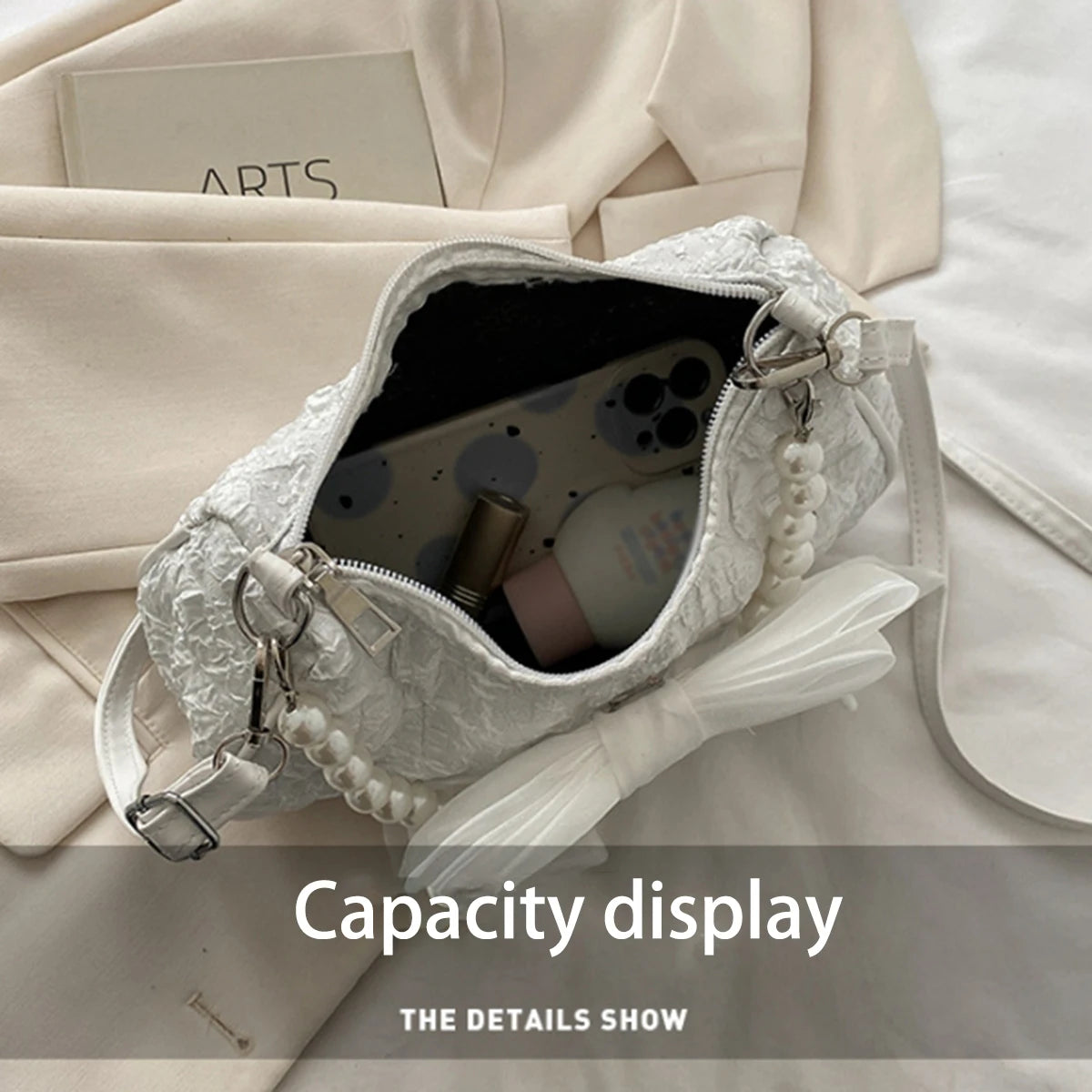 White folds pop retro bow bag Female Pearl handle New fashion pearl armpit shoulder crossbody bag 1 outfit