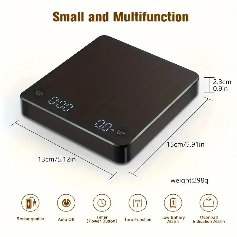 Digital Rechargeable Coffee Scale with Timer 3kg Max 0.1g Precision LED Screen USB Espresso Kitchen Scale for Brewing