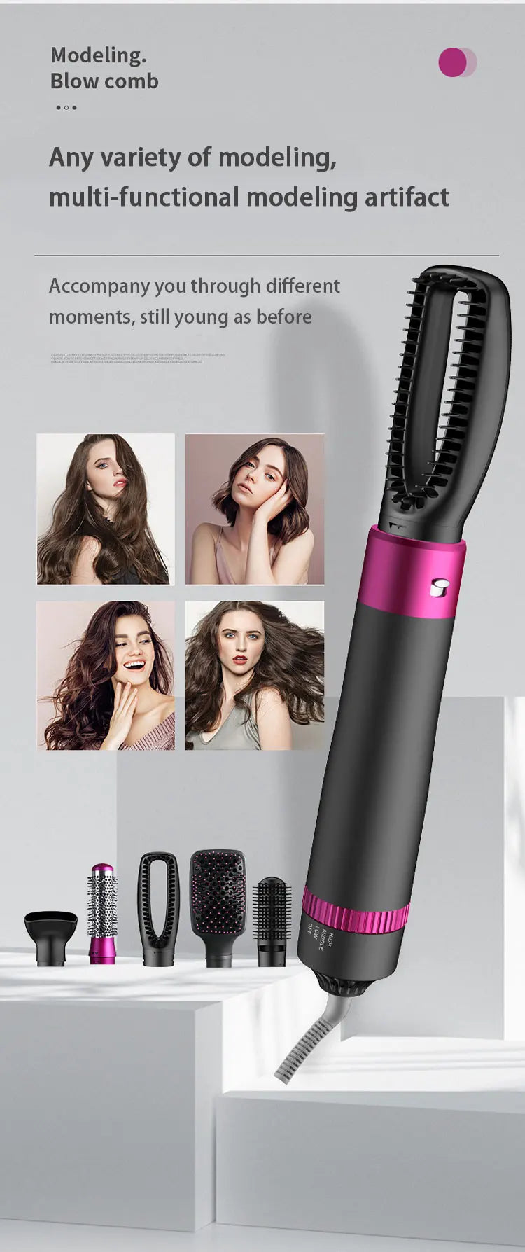 HOMEFISH 5 in 1 Hair Dryer Brush Hot Air Brush & Volumizer Styler Set with Interchangeable Brush Head Negative Ionic Blow Dryer