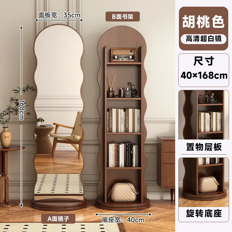 Wave rotating full-length mirror Vertical movable full-body floor mirror Magazine bookshelf Rotating storage fitting mirror